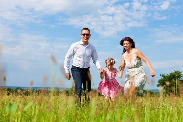 Familia feliz corriendo en el prado en verano —  Fotos de Stock