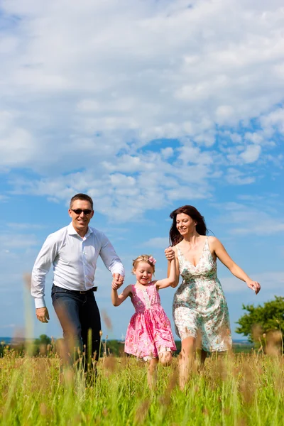 Happy family running on meadow in summer — Stock Photo, Image