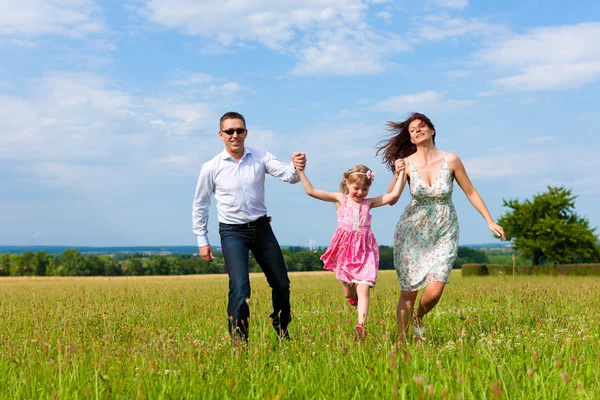 Lycklig familj kör på ängen i sommar — Stockfoto