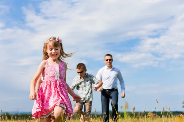 Lycklig familj på en äng i sommar — Stockfoto