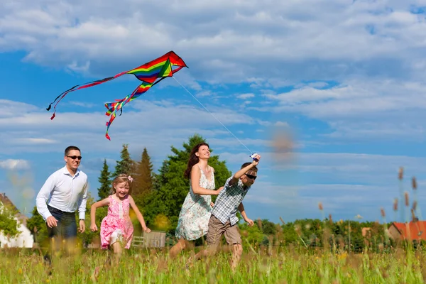 Happy family running on meadow with a kite — Stock Photo, Image