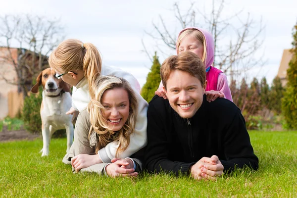 Familie sitzt mit Hunden zusammen auf einer Wiese — Stockfoto