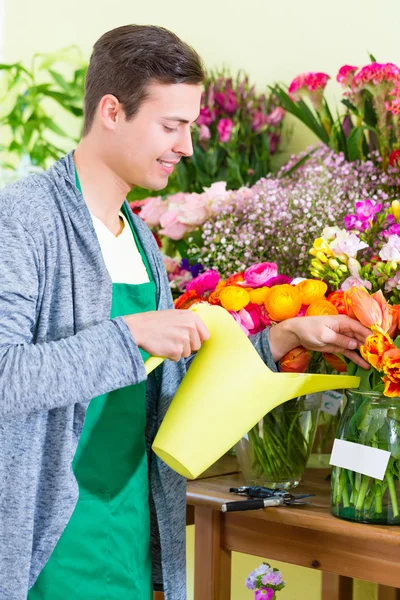 Florist bekerja di toko bunga menyiram tanaman — Stok Foto