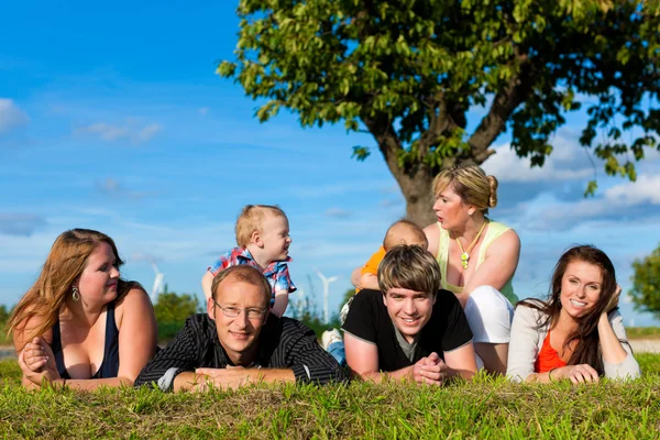 Family and multi-generation - fun on meadow in summer — Stock Photo, Image