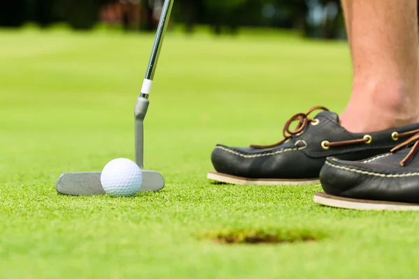 Golf oyuncu topu deliğe koyarak — Stok fotoğraf