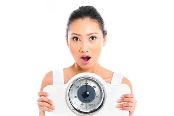 Asian woman with weight scale losing weight — Stock Photo, Image