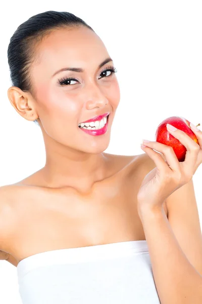 Aziatische vrouw eten apple en gezond leven — Stockfoto