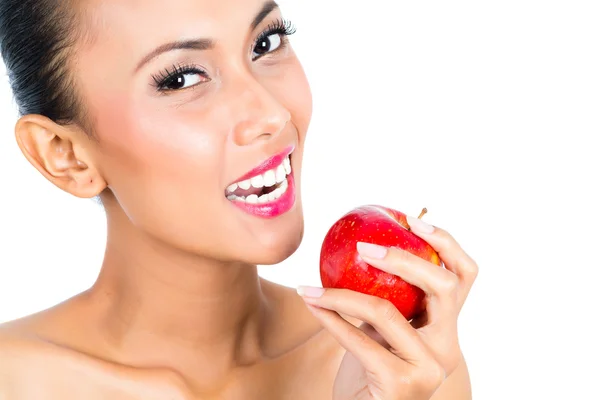 Asiatico donna mangiare mela e vivere sano — Foto Stock