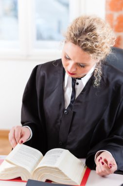 Lawyer in office reading law book clipart