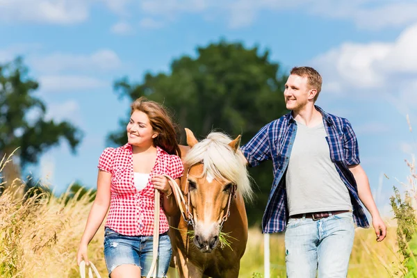 Pareja principal caballo a través del prado de verano — Foto de Stock