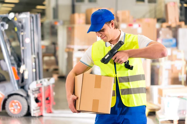 Worker scans package in warehouse of forwarding — Stok fotoğraf