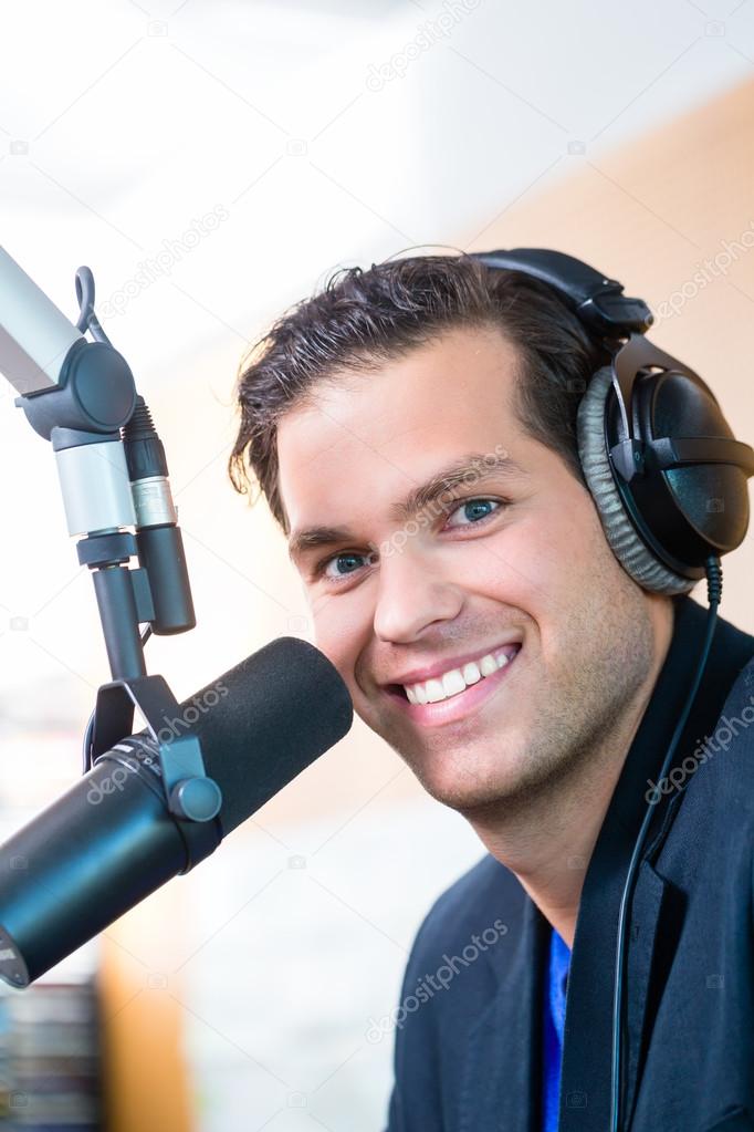 Radio presenter in radio station on air