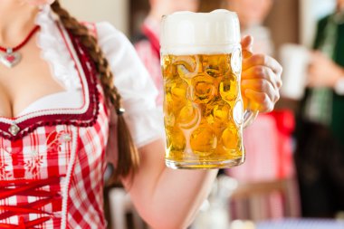 people in traditional Bavarian Tracht in restaurant or pub
