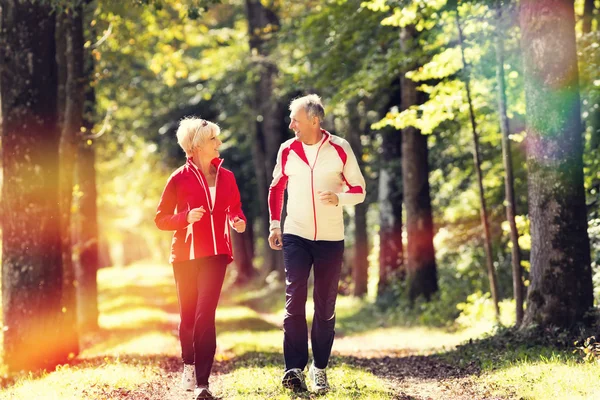 Seniors τζόκινγκ κατά μήκος σε δασικό δρόμο — Φωτογραφία Αρχείου