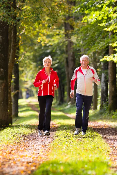 Anziani che fanno jogging su una strada forestale — Foto Stock