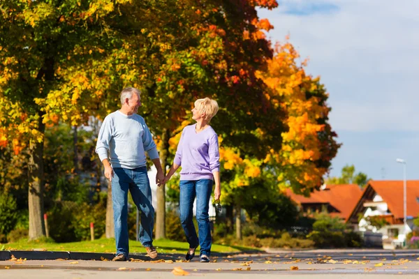 Senioren im Herbst oder Herbst gehen Hand in Hand — Stockfoto