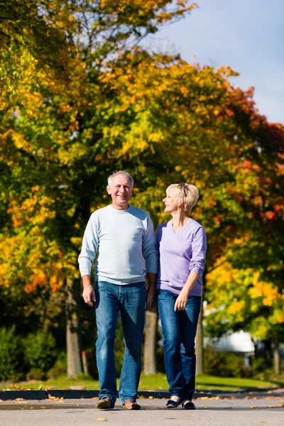 Senioren im Herbst oder Herbst gehen Hand in Hand — Stockfoto