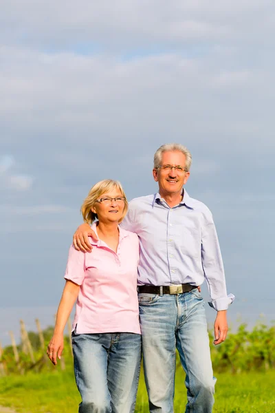 Senioren gehen im Sommer Hand in Hand — Stockfoto