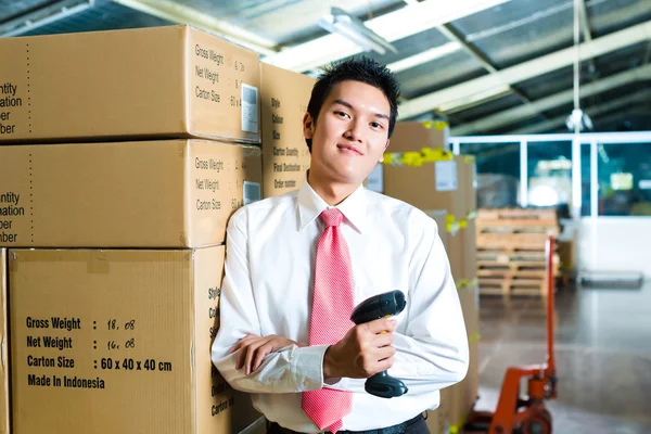 Young Man in a warehouse with Scanner — Stock Photo, Image