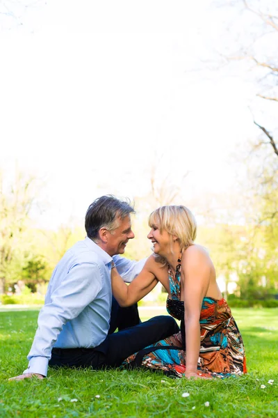 Senior couple during spring on a meadow in the city — Stockfoto