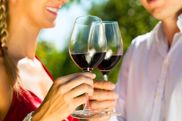 Женщина и мужчина в винограднике пьют вино — стоковое фото