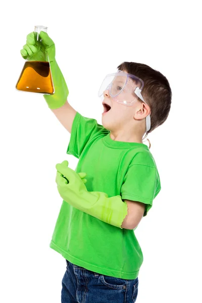 Little boy holding chemical flask — Stock Photo, Image