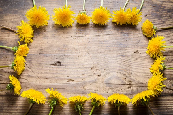 Arrangement of dandelions as frame on wooden table — Stock Photo, Image