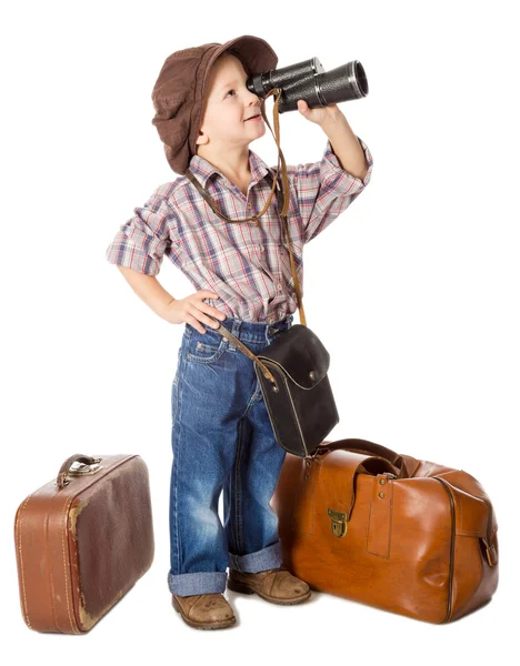 Viaggiare bambino con vecchie valigie — Foto Stock