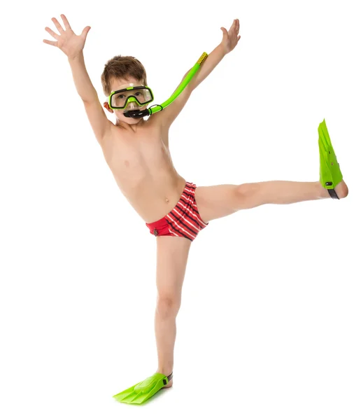 Zabawny chłopak w nurkowania maskę i płetwy — Zdjęcie stockowe