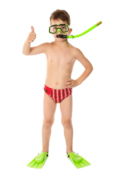 Pojken i dykning mask med tummen upp skylt — Stockfoto