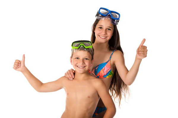 Two happy kids in diving mask standing together — Stock Photo, Image