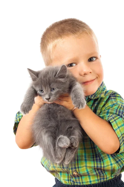 Kleine jongen houdt een grijs kitten — Stockfoto