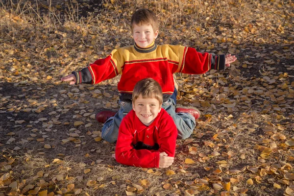 Twee jongens spelen op herfst park — Stockfoto