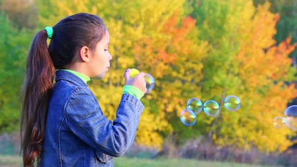 Дівчина підірвала мильні бульбашки — стокове відео