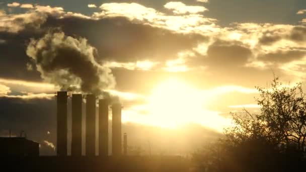 Timelapse de fumaça de tubos de casa de caldeira contra o pôr do sol de inverno — Vídeo de Stock