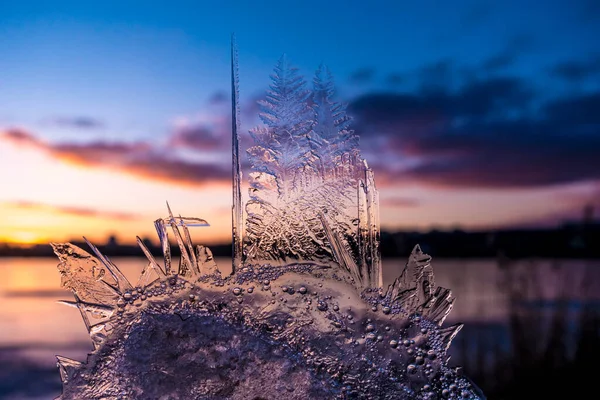 Peça de gelo com cristais em forma de árvore novamente por do sol — Fotografia de Stock