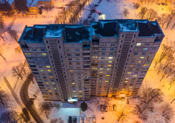 Winter Evening Aerial View Old Skyscraper Residential Area Saltivka Kharkiv — Stock Photo, Image