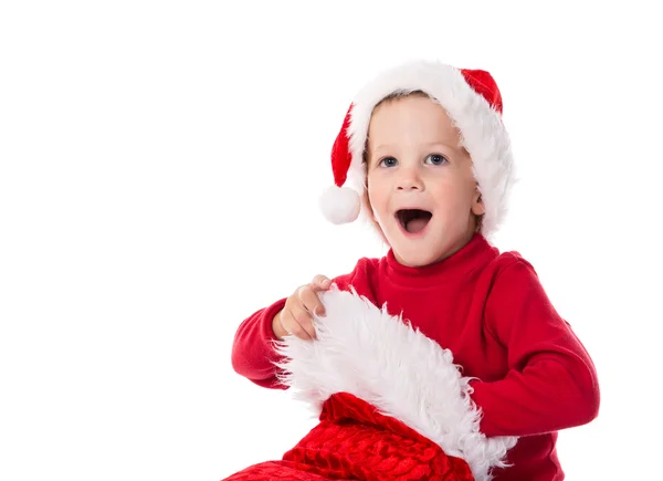 Felice bambino con calza di Natale — Foto Stock