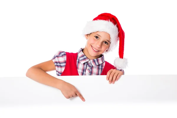 Girl in Santa hat with whiteboard — Stock Photo, Image