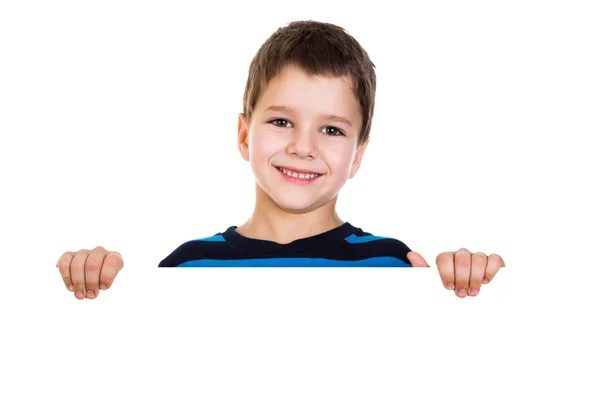 Boy peek out from white banner — Stock Photo, Image