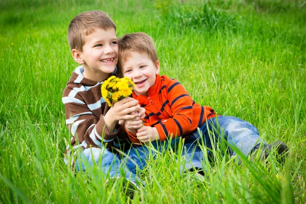 Two boys with dandelions — Stock Photo, Image