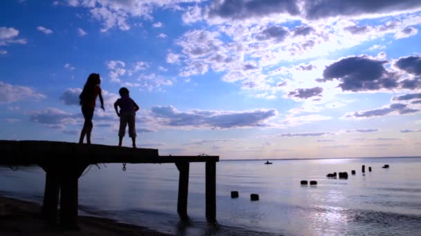 Zwei Kinder werfen die Steine ins Meer — Stockvideo