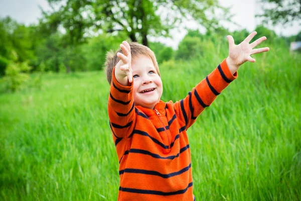 Boy on green grass with raised hands — Stock Photo, Image