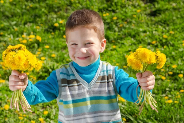 Little boy with bunch of dandelions — Stock Photo, Image