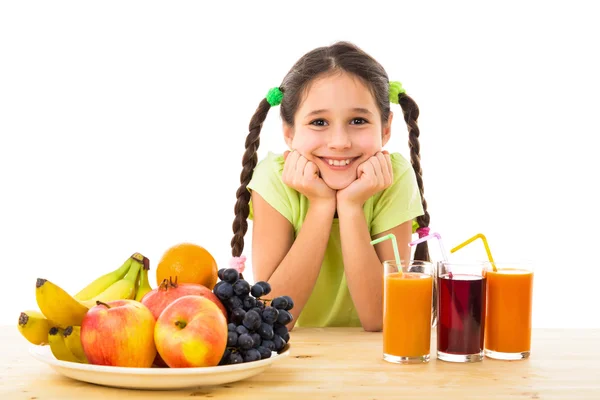 Happy girl with fruits and juice — Stock Photo, Image