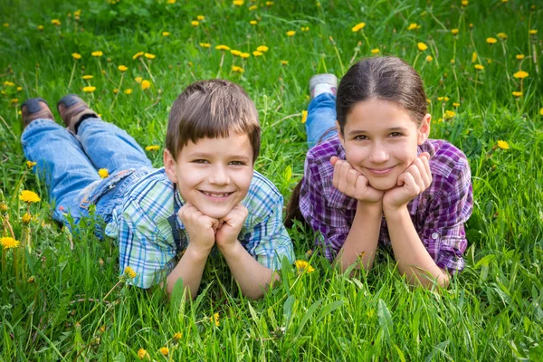 Двое детей на зеленом лугу — стоковое фото