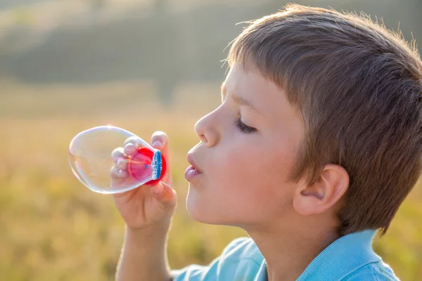 Boy blowing up the soap bubbles — Stock Photo, Image