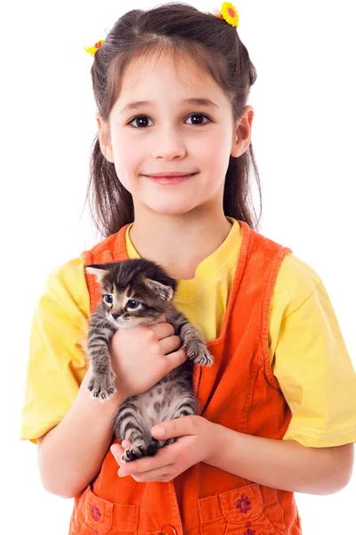 Little girl with kitty in hands — Stock Photo, Image