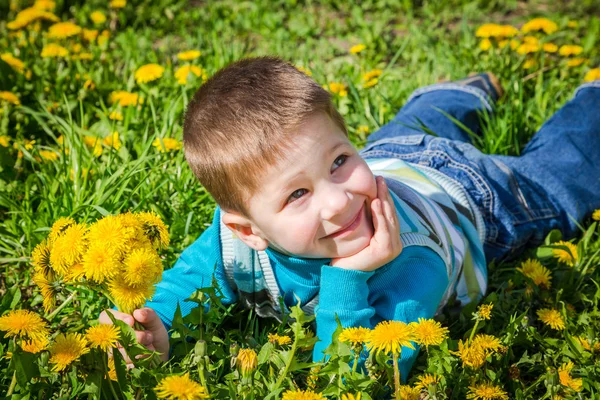 Liten pojke med massa maskrosor på gröna fält — Stockfoto