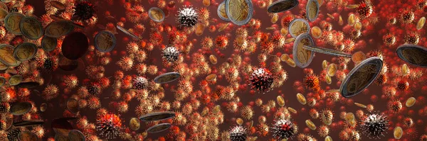 Coronavirus病毒浮动和欧元模拟的3D示例 — 图库照片